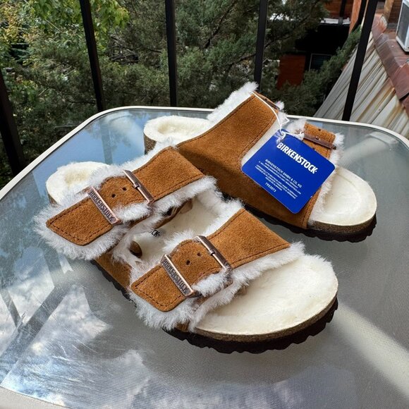 New Birkenstock Arizona Shearling Sandals in Suede Mink Brown US 8 / EUR 39 - Picture 1 of 12